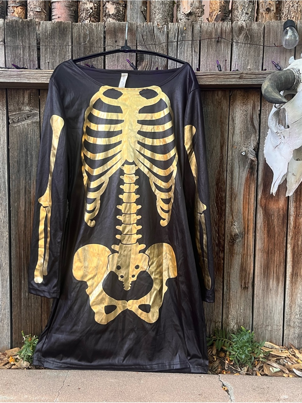 Goth Black Dress with Gold Skeleton Print
